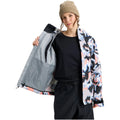 Burton Futuretrust 3L Snowboard Jacket in marble print, held open to show grey interior lining and taped seams.