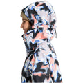 Side profile of a 2025 Burton Futuretrust 3L Snowboard Jacket featuring a blue and peach marble print and high hood.