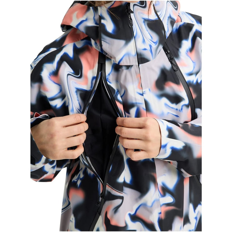 Burton Futuretrust 3L Snowboard Jacket in blue and pink swirl print with hands opening a large chest vent zipper.