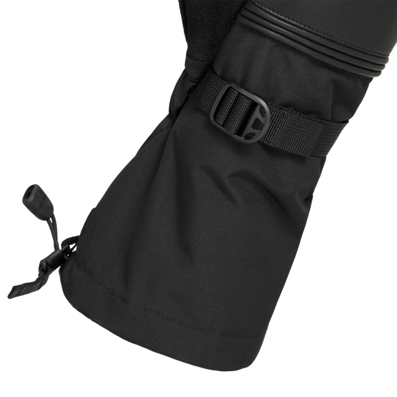 Detail view of the cuffs on the Arashi Guide Gtx Mitts in Black. Featuring a webbed wrist cinch and toggle cuff adjustment.