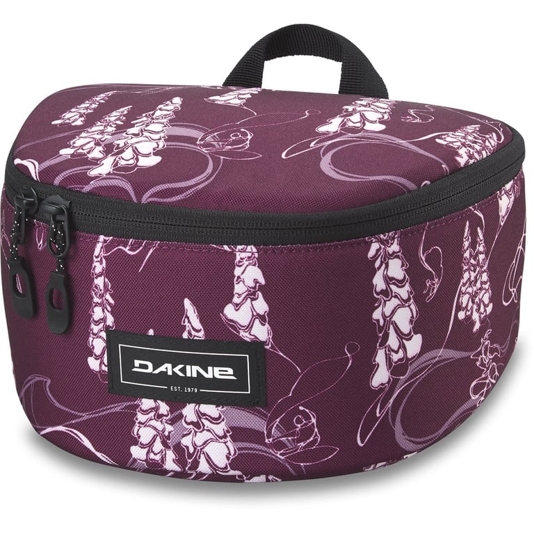 Maroon Dakine Goggle Stash travel bag with white floral print, top handle, and front logo patch.