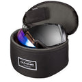 Black Dakine Goggle Stash padded case with open zipper lid, showing two pairs of goggles and a small mesh pocket inside.
