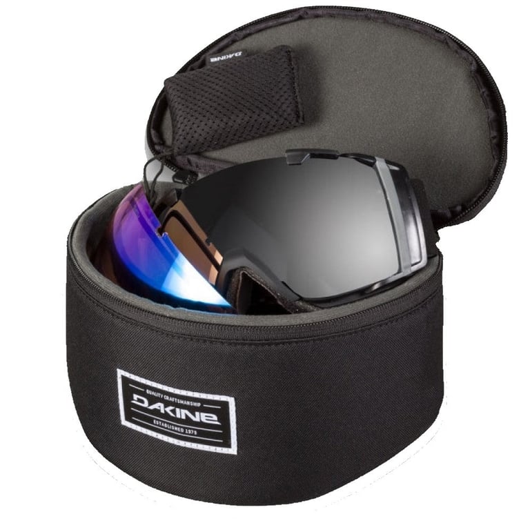 Black Dakine Goggle Stash padded case with open zipper lid, showing two pairs of goggles and a small mesh pocket inside.
