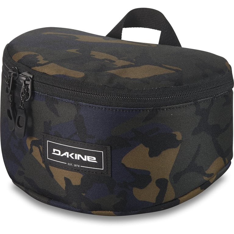Dakine Goggle Stash case in dark camouflage with a zippered top, carrying handle, and front logo patch.