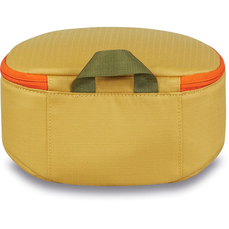 Mustard yellow Dakine Goggle Stash padded travel case with olive green webbing handle and orange zipper.
