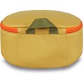 Mustard yellow Dakine Goggle Stash padded travel case with olive green webbing handle and orange zipper.