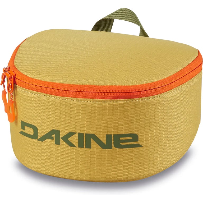 Mustard yellow Dakine Goggle Stash case with orange zipper, green logo, and top carry handle.