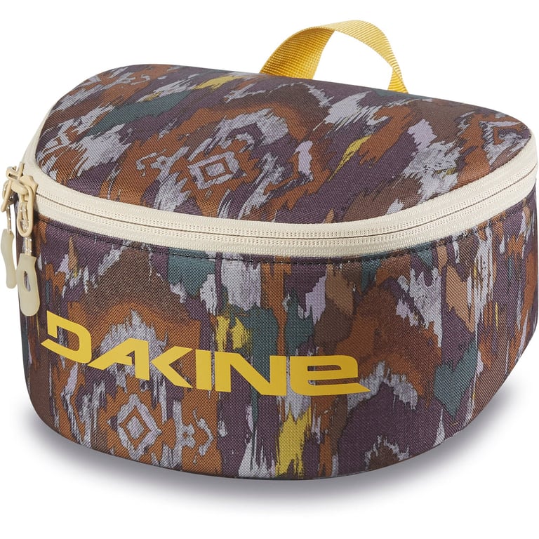 Dakine Goggle Stash travel case with earth-tone abstract pattern, yellow logo, top handle, and dual zipper closure.