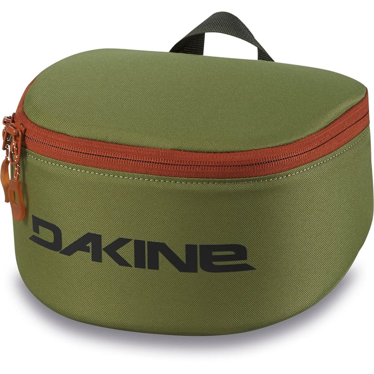 Olive green Dakine Goggle Stash case featuring an orange zipper, black logo, and top handle loop.