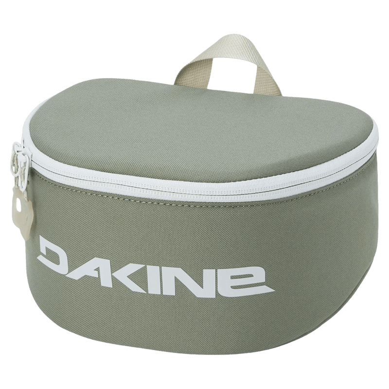 Sage green Dakine Goggle Stash case with white zipper and logo, semi-circular padded design with top carry loop.