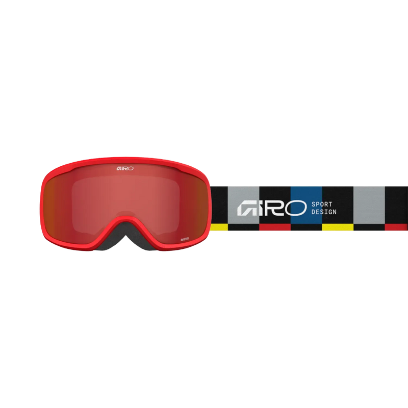 Front view of the Giro Buster goggles in Black Blocks colourway with Amber Scarlet lens