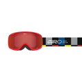 Front view of the Giro Buster goggles in Black Blocks colourway with Amber Scarlet lens