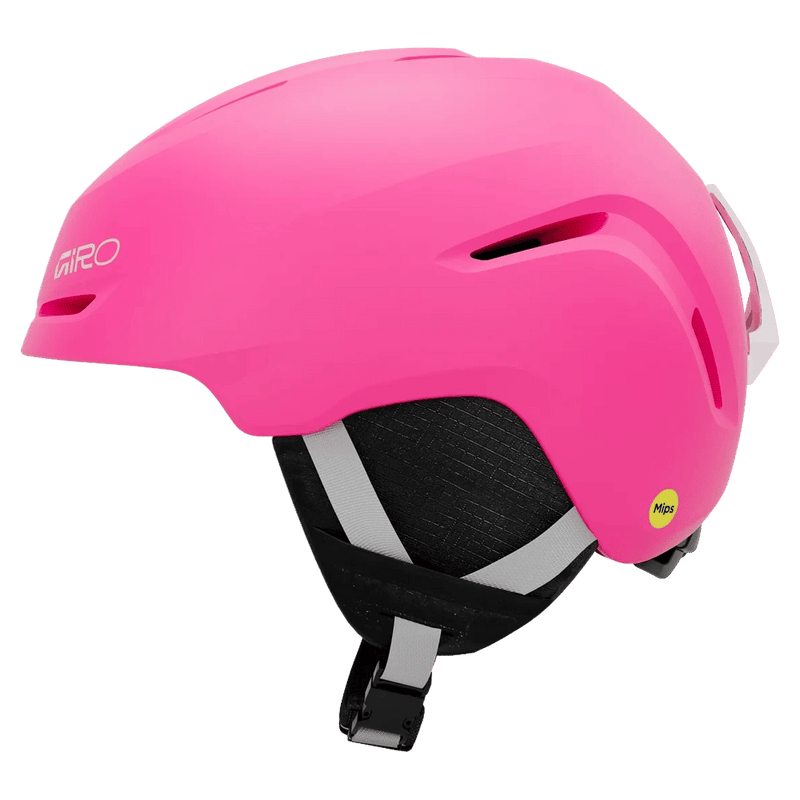 Side view of the Giro Spur Jr MIPS Helmet in Bright Pink colourway, KIDS's model