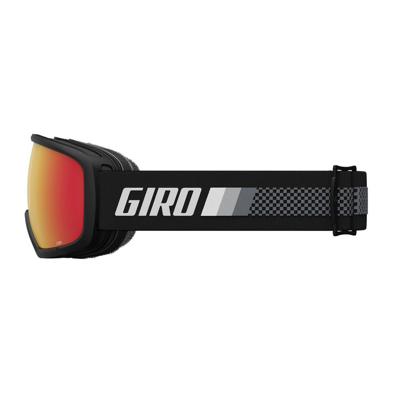 Side view of the Giro Stomp goggle in Black Rokki Ralli colourway with Amber Scarlett lens
