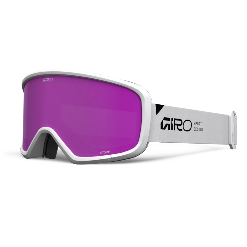 Main view of the Giro Stomp goggle in White Wordmark colourway with Amber Pink lens