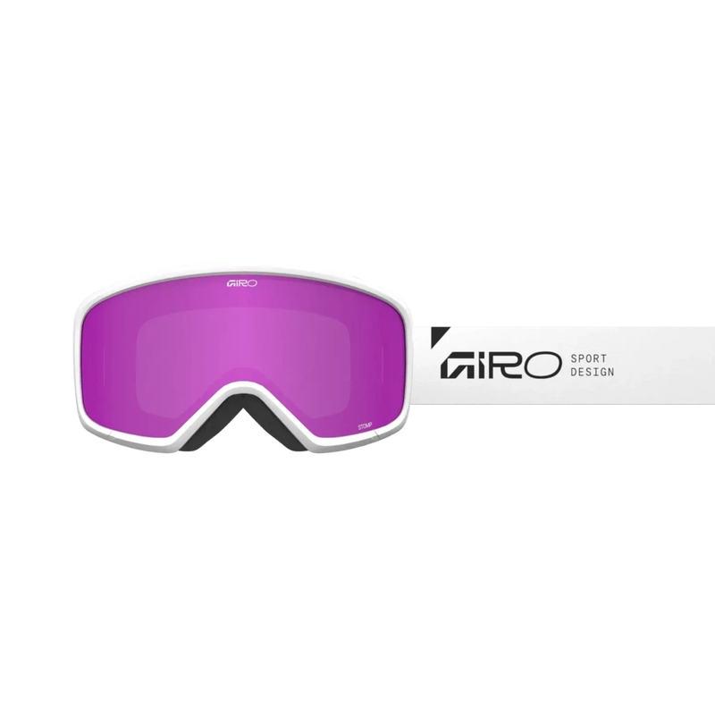 Front view of the Giro Stomp goggle in White Wordmark colourway with Amber Pink lens