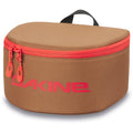 Tan Dakine Goggle Stash case with a red zipper, pink logo, and black top handle.