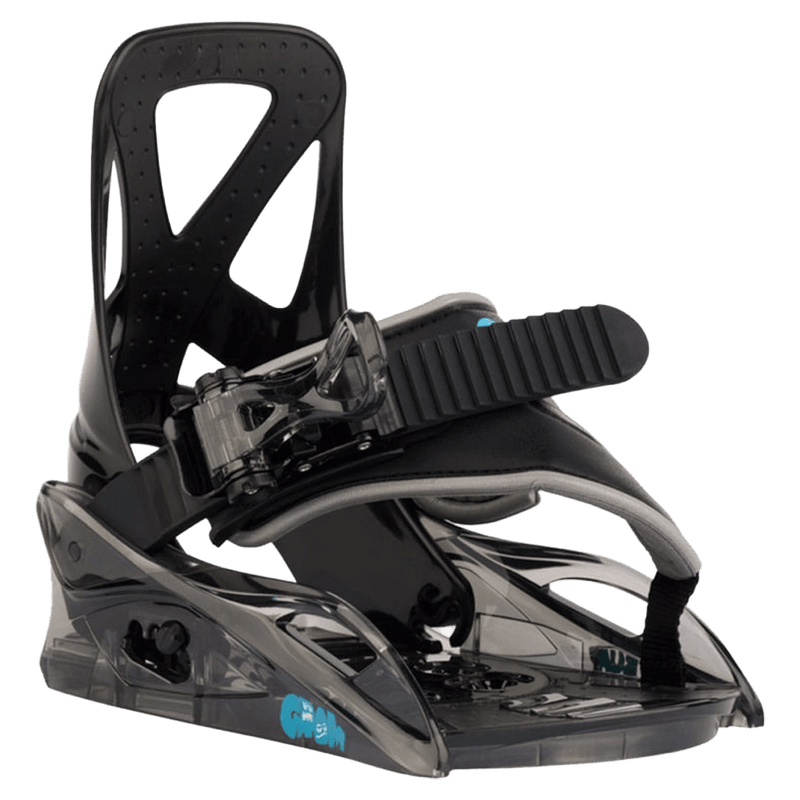 Black Burton Grom Disc kids snowboard binding with a single strap and translucent baseplate.