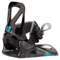 Black Burton Grom Disc kids' snowboard binding with a translucent grey baseplate, single strap, and blue logo.