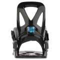 Rear view of black Burton Grom kids' snowboard bindings featuring a cutout highback and blue logo.