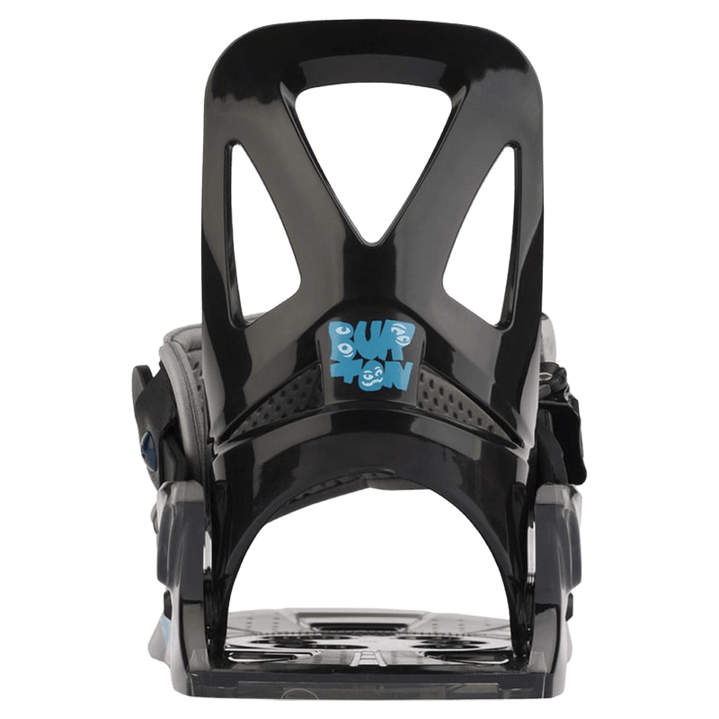 Rear view of black Burton Grom kids' snowboard bindings featuring a cutout highback and blue logo.