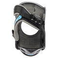 Top view of a Burton Grom kids snowboard binding featuring a translucent smoke baseplate and black strap with blue logo.