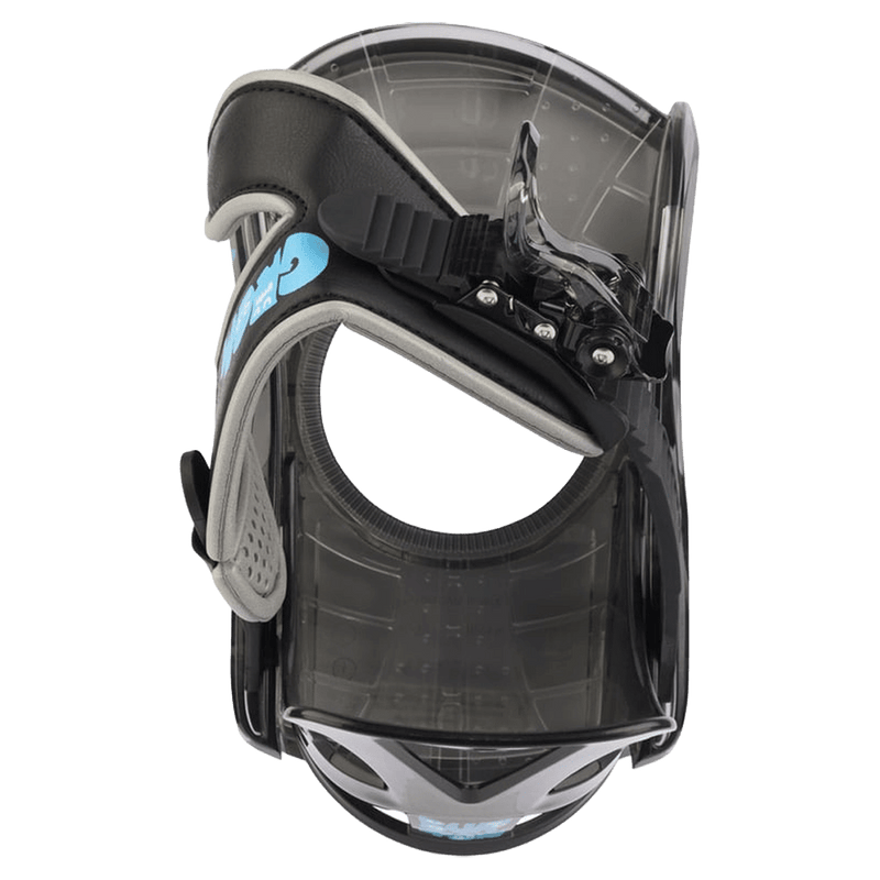 Top view of a Burton Grom kids snowboard binding featuring a translucent smoke baseplate and black strap with blue logo.