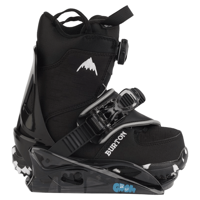 Side view of black Burton Grom kids' snowboard binding with a single strap and highback, shown with a black boot.