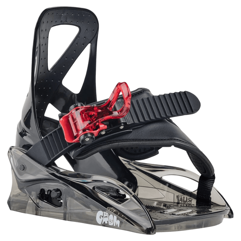 Black and translucent grey Burton Grom kids' snowboard binding with a single strap and red buckle.