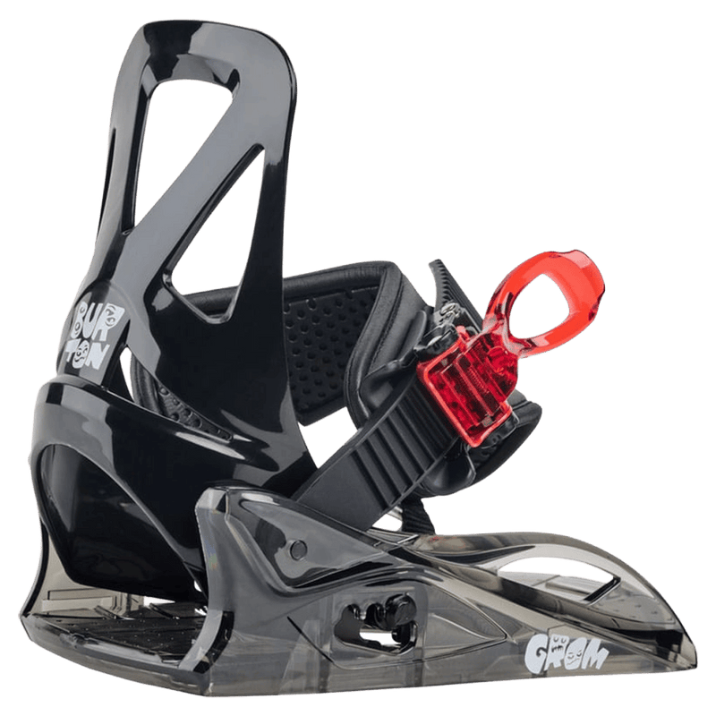 Black and translucent grey Burton Grom kids snowboard binding featuring a single strap and oversized red buckle.