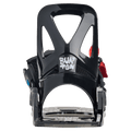 Rear view of a black Burton Grom kids snowboard binding featuring a cutout highback with a white logo and red buckle.