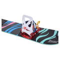 White and red Burton Grom kids snowboard binding with blue strap and orange buckle mounted on a patterned snowboard.