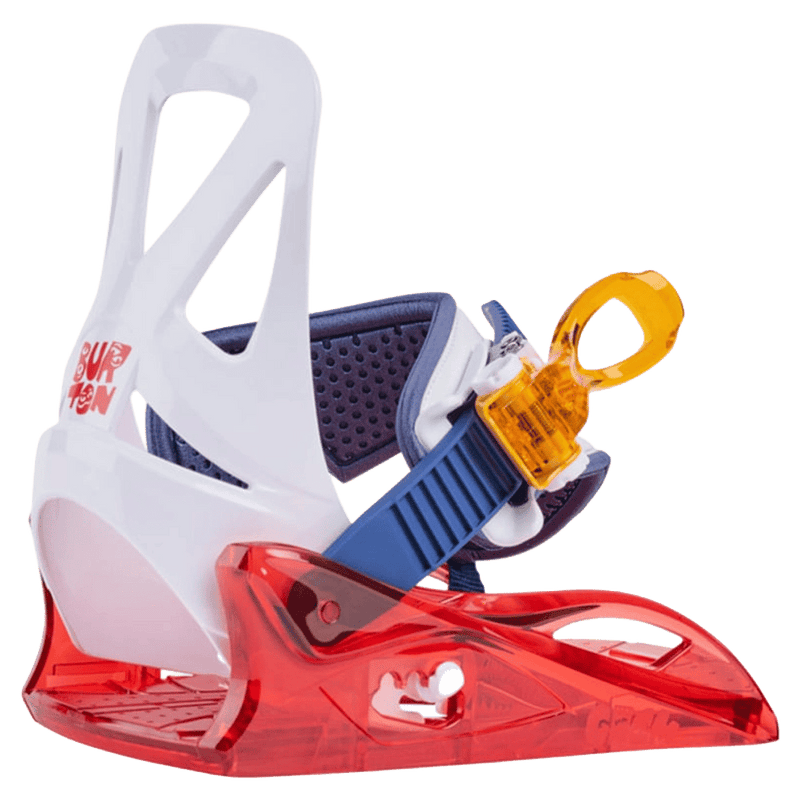 Burton Grom Disc kids snowboard binding with white highback, red translucent baseplate, blue strap, and orange buckle.
