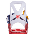 Rear view of white Burton Grom Disc kids' snowboard binding with a red translucent base and cut-out highback.