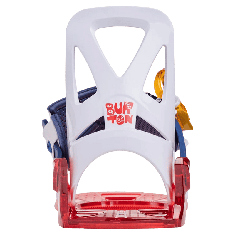 Rear view of white Burton Grom Disc kids' snowboard binding with a red translucent base and cut-out highback.