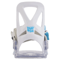 White Burton Grom kids snowboard binding with blue logo, cutout highback, and clear baseplate seen from the rear.