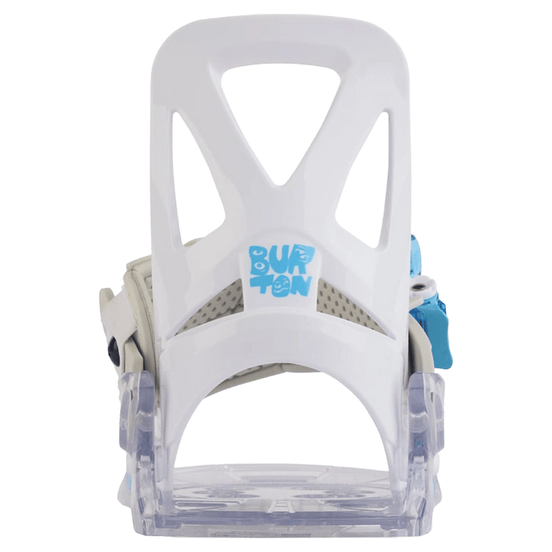 White Burton Grom kids snowboard binding with blue logo, cutout highback, and clear baseplate seen from the rear.