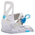 White Burton Grom kids snowboard binding with a clear baseplate, single grey strap, and blue translucent buckle.