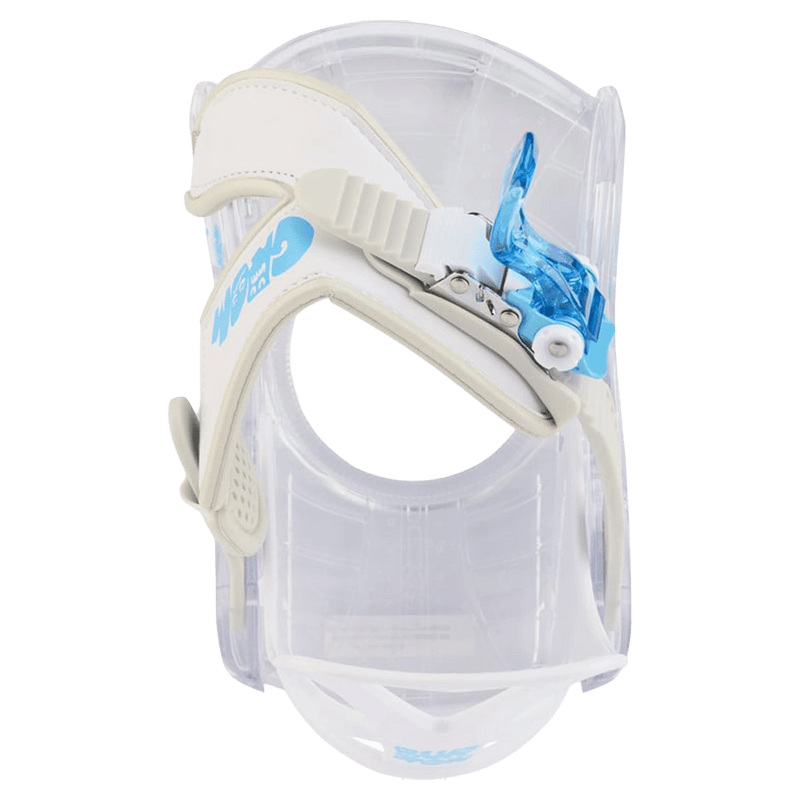 Burton Grom kids' snowboard binding featuring a clear plastic frame, white ankle strap, and blue translucent buckle.