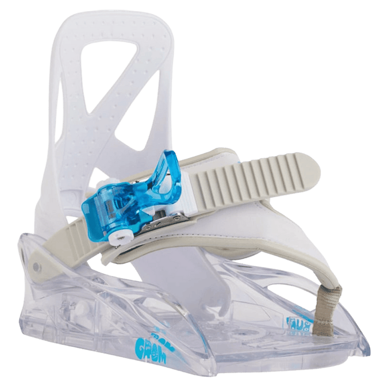 Burton Grom kids snowboard binding featuring a clear baseplate, white highback, and single strap with a blue buckle.