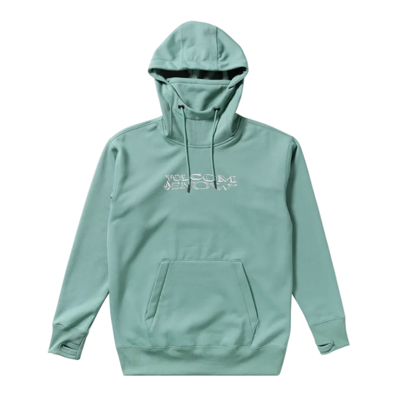 Front product image of the Riding Hydro Pullover - Womens in Arctic Blue. Features a hood with adjustable drawstrings, high collar neckline, a kangaroo pocket and contrast white branded print across chest.