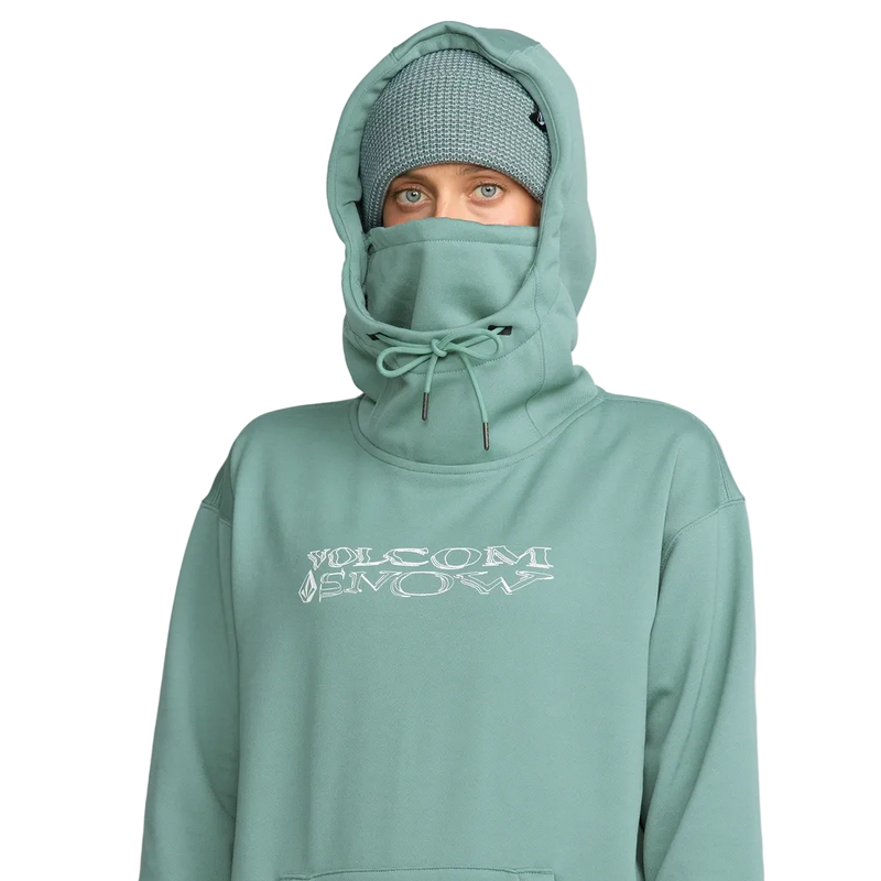Image of the Riding Hydro Pullover - Womens in Arctic Blue.  Features a hood with adjustable drawstrings and intergrated neckwarmer