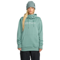 Front, on body image of the Riding Hydro Pullover - Womens in Arctic Blue. Features a hood with adjustable drawstrings, high collar neckline, a kangaroo pocket, long sleeves with thumb hole opening, and contrast white branded print across chest.