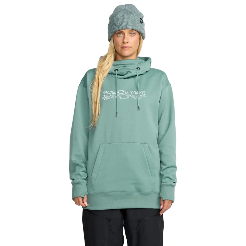 Front, on body image of the Riding Hydro Pullover - Womens in Arctic Blue. Features a hood with adjustable drawstrings, high collar neckline, a kangaroo pocket, long sleeves with thumb hole opening, and contrast white branded print across chest.