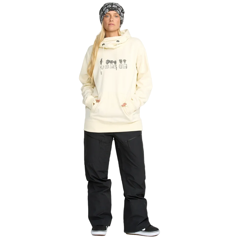 Front, on body image of the Riding Hydro Pullover - Womens in Bone. Features a hood with adjustable drawstrings, high collar neckline, a kangaroo pocket, long sleeves with thumb hole opening, and contrast black branded print across chest.