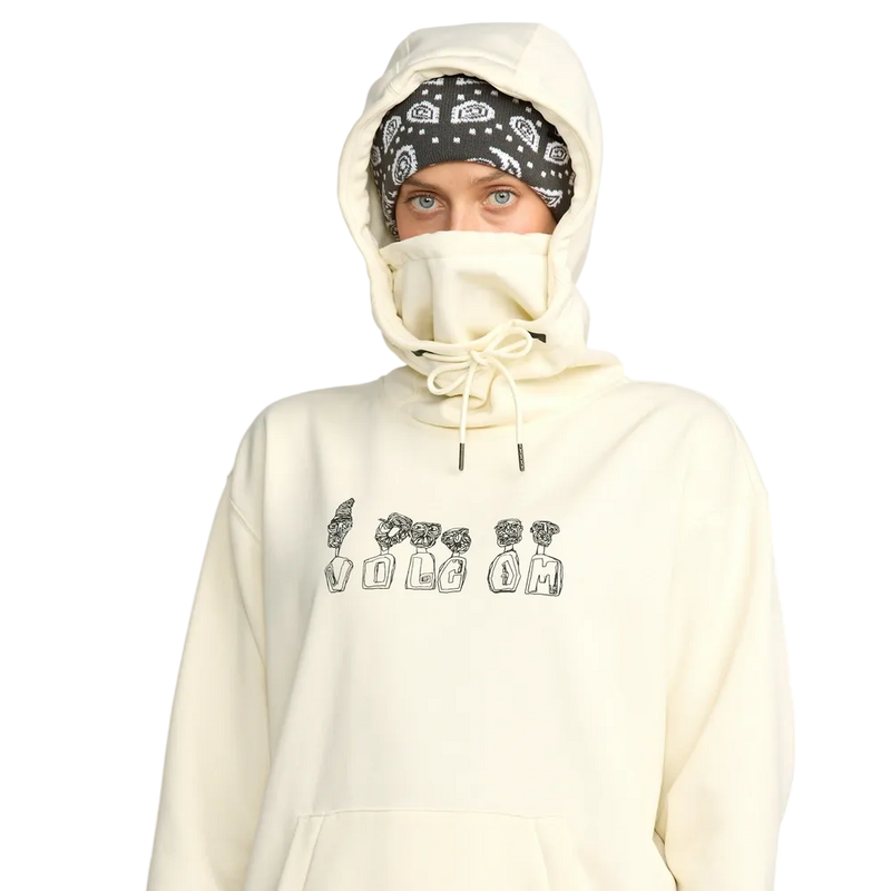 Image of the Riding Hydro Pullover - Womens in Bone.  Features a hood with adjustable drawstrings and intergrated neckwarmer
