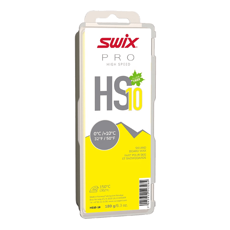 Swix HS10 Pro High Speed fluor-free glide wax in a yellow and white plastic container for alpine, BC and XC skis and snowboards.