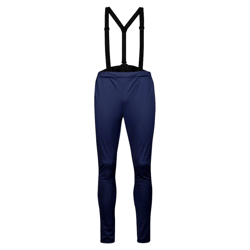 Halti Hyyde XC navy blue cross country pants with black suspenders, front view.