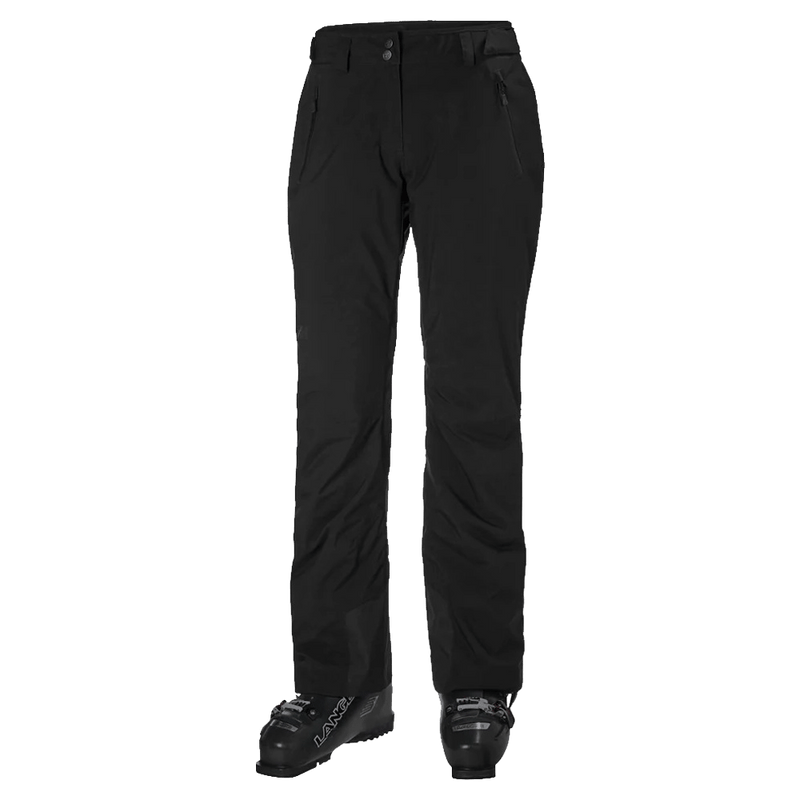 Helly Hansen women's black Legendary insulated ski pants with zippered pockets, belt loops, and snap waist closure.