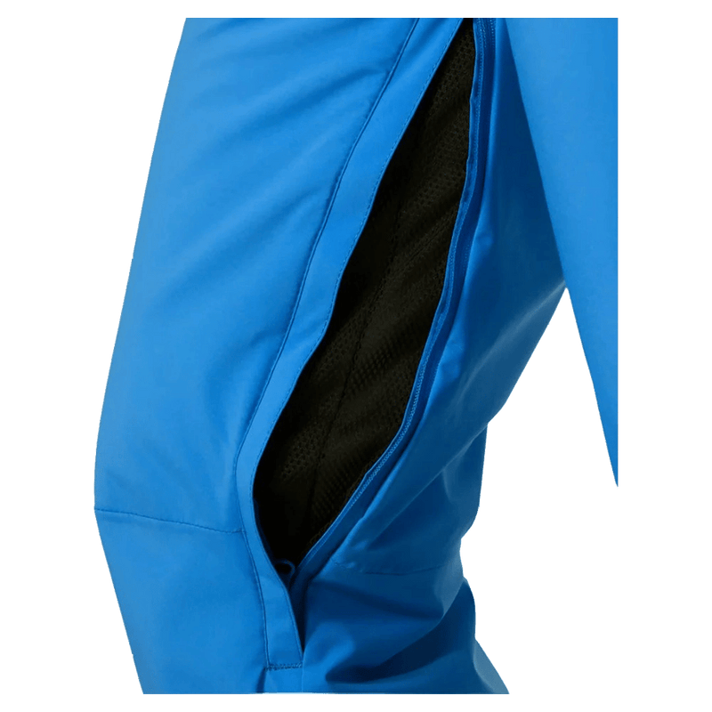 Blue Helly Hansen women's ski pants featuring an open zippered inner thigh vent with black mesh lining.